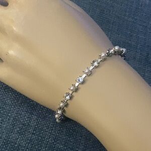 VTG White Faux Pearl & Clear Rhinestone Tennis Style Bracelet